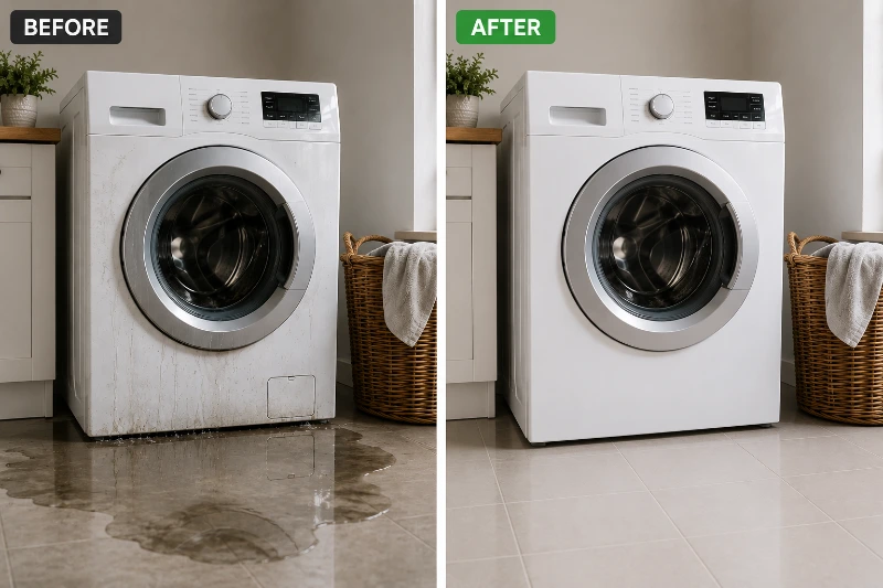 Before and after leaking washer repair with water leakage eliminated and the appliance restored to proper operation.