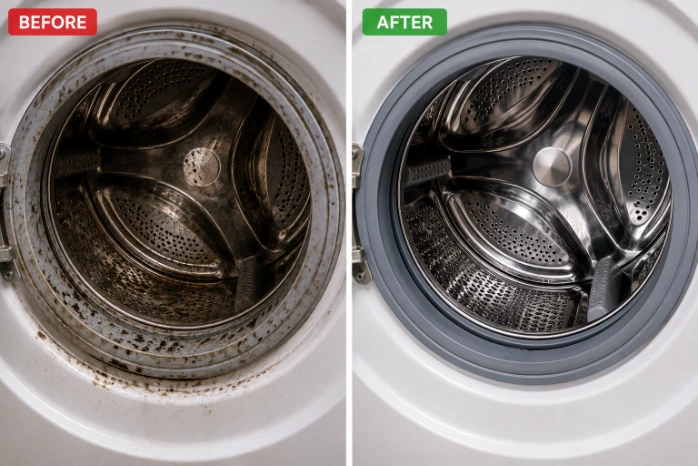 Before and after washing machine drum cleaning with mold and residue removed from the drum and gasket.