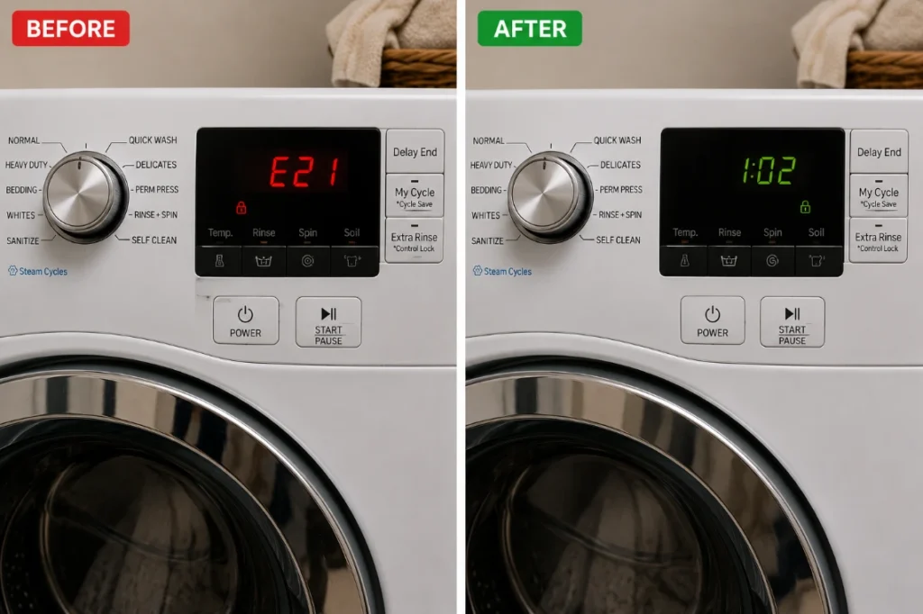 Before and after washing machine repair with an E21 error resolved and the appliance returned to normal operation.