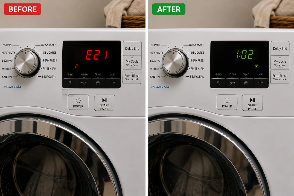 Washer display showing an error code before and after repair