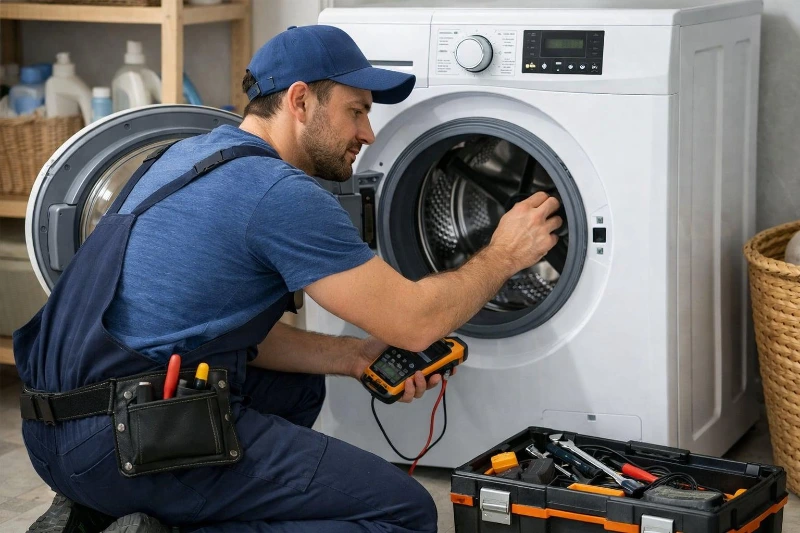 Technician testing a washer timer motor and contacts in Albany NY